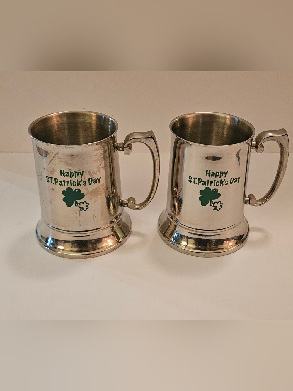 Set of 2 St. Patrick's Day Beer Mugs - 18/8 Stainless Steel - Shamrock Printed